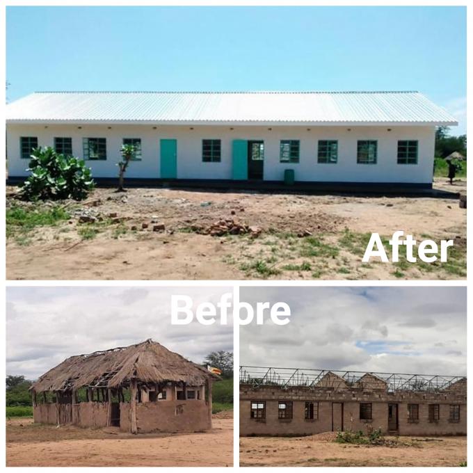 Photo collage shows an unfinished structure, makeshift classroom and a modern block recently completed by Save the Children 
