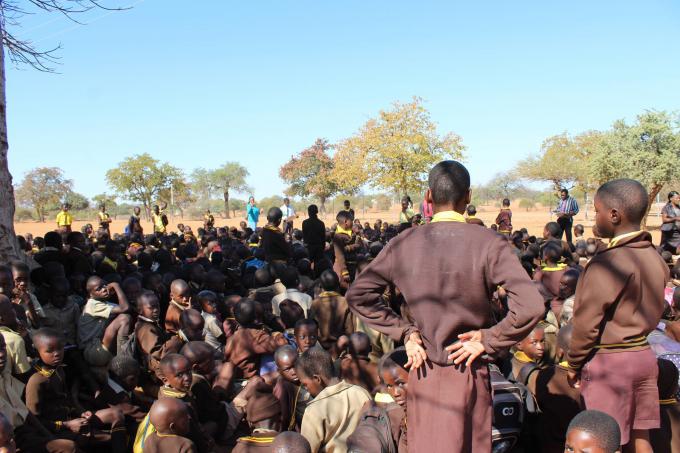 learners at Malala Primary school gather at the emergency assembly point during a fire drill at the 